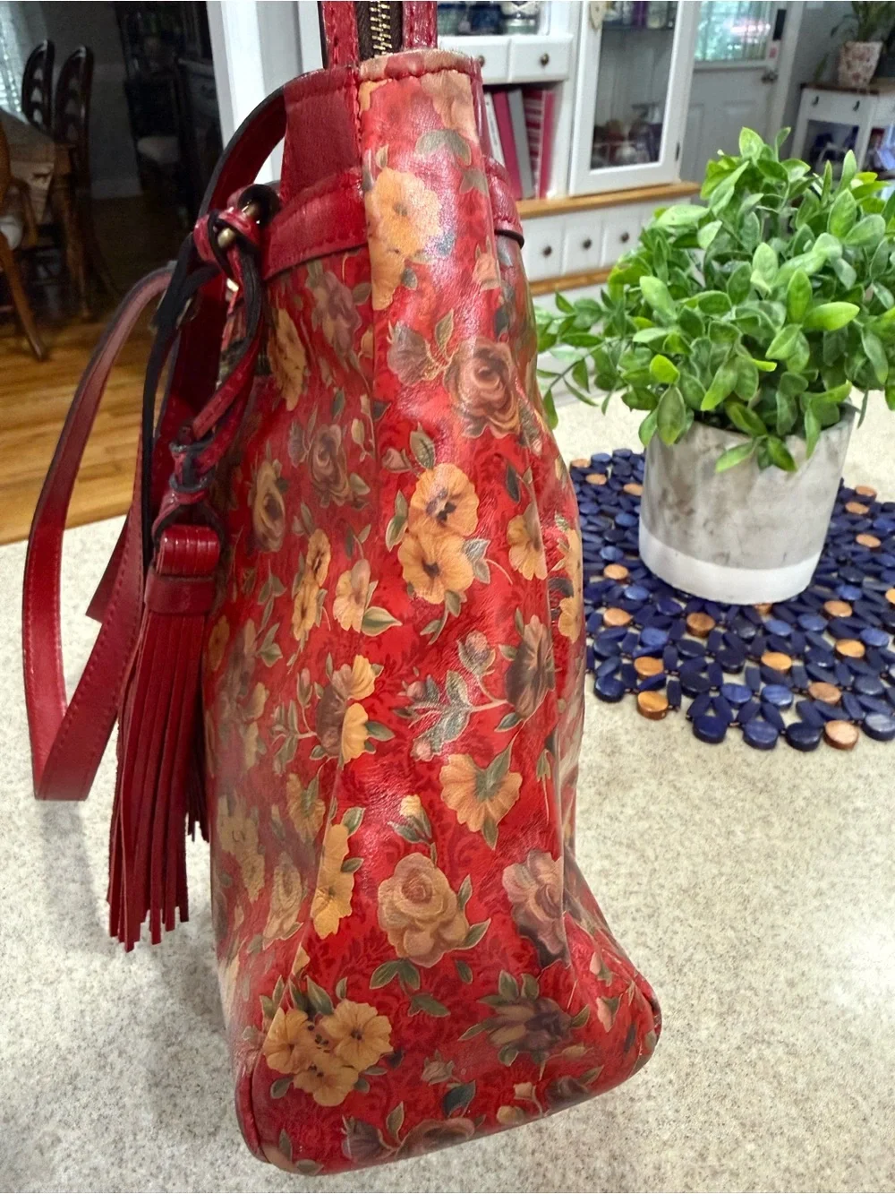Patricia Nash Red Floral Leather Tassel Shoulder Bag